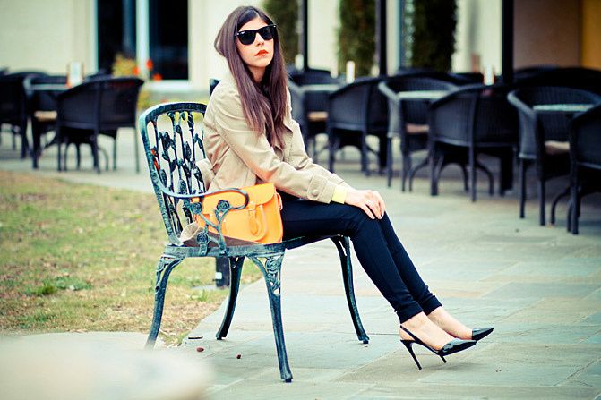 Marc Jacobs trench coat, Stella McCartney heels, Fashion outfit, Neon style
