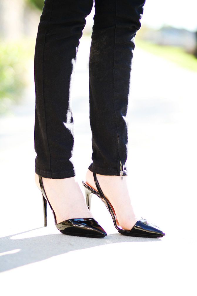 Stella McCartney sling back heels, Topshop skinny jeans, faux fur vest, Fashion outfit