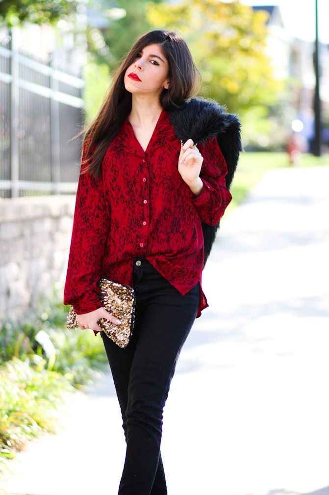 Stella McCartney sling back heels, Topshop skinny jeans, faux fur vest, Fashion outfit
