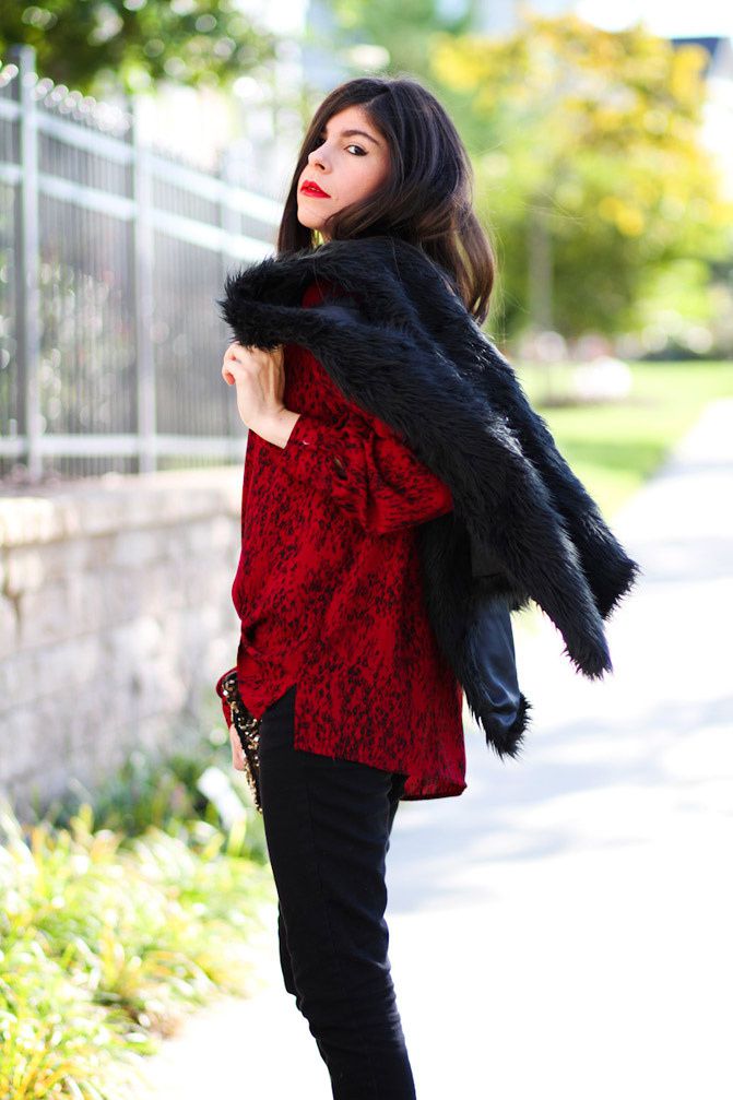 Stella McCartney sling back heels, Topshop skinny jeans, faux fur vest, Fashion outfit