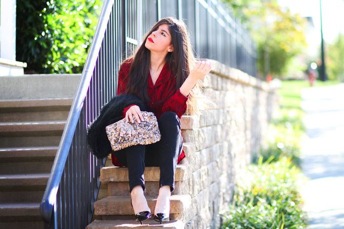 Stella McCartney sling back heels, Topshop skinny jeans, faux fur vest, Fashion outfit