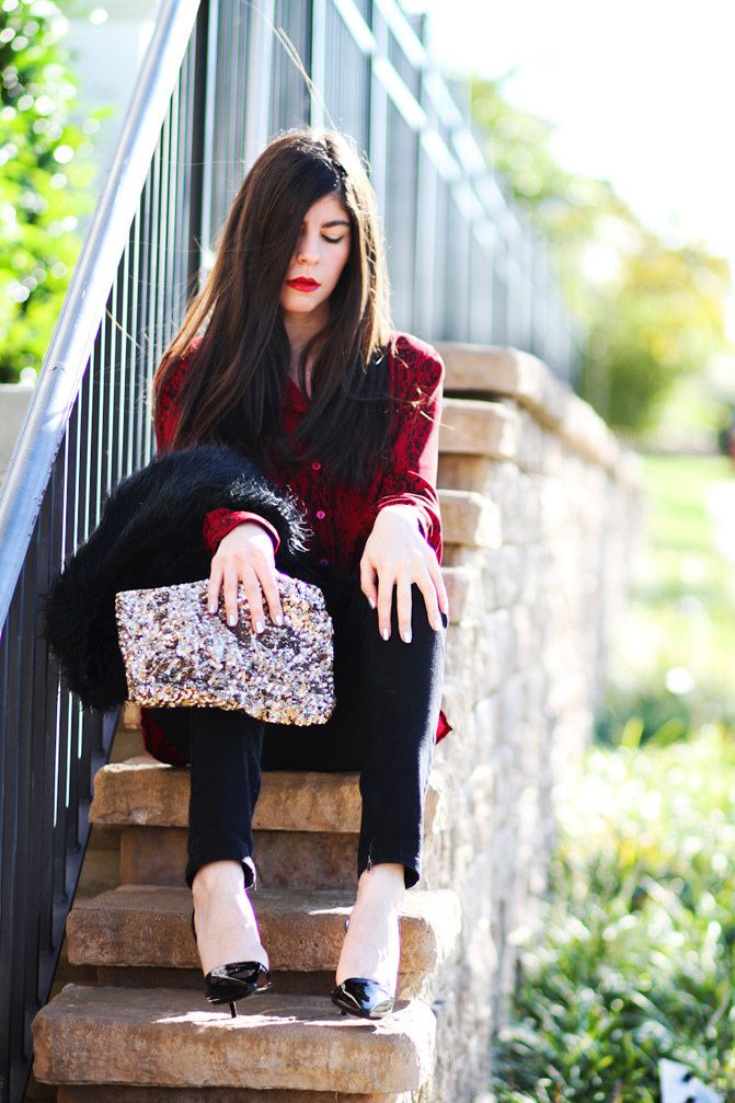 Stella McCartney sling back heels, Topshop skinny jeans, faux fur vest, Fashion outfit