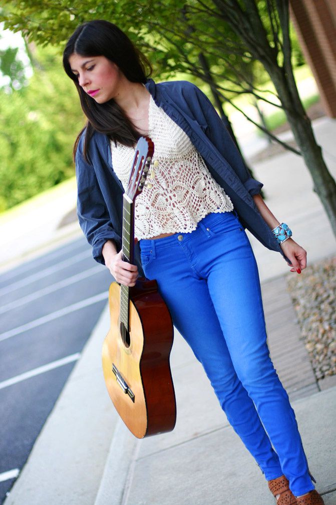 skinny zipper jeans, agave denim, fashion, guitar, crochet crop top, wanted anita wedges, j crew boyfriend