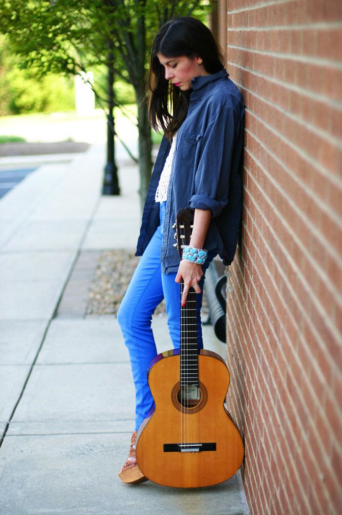 skinny zipper jeans, agave denim, fashion, guitar, crochet crop top, wanted anita wedges, j crew boyfriend