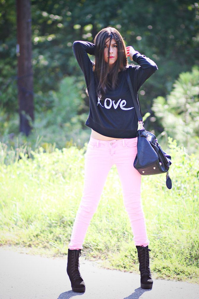 fluorescent pink skinny jeans, fashion, love