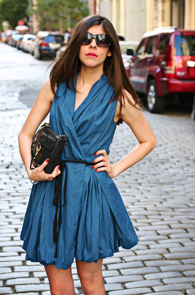 shop akira blue wrap dress, lauren conrad style, fashion week, new york soho, zara strap heels, rebecca minkoff mac bag