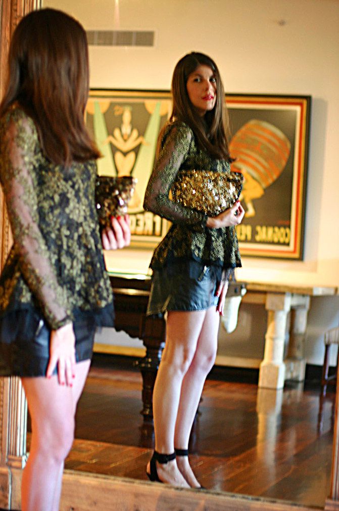 sequin peter pan blouse, zara gold sequin clutch, new york fashion week, zara ankle strap heels,