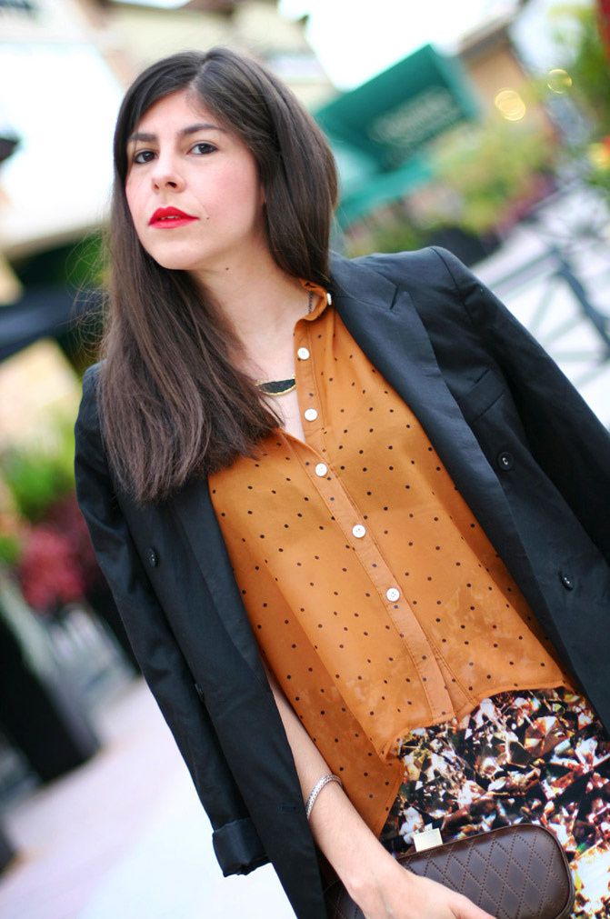 polkadot blouse, high low blouse, fashion outfit, hobo bags, etienne aigner shoes