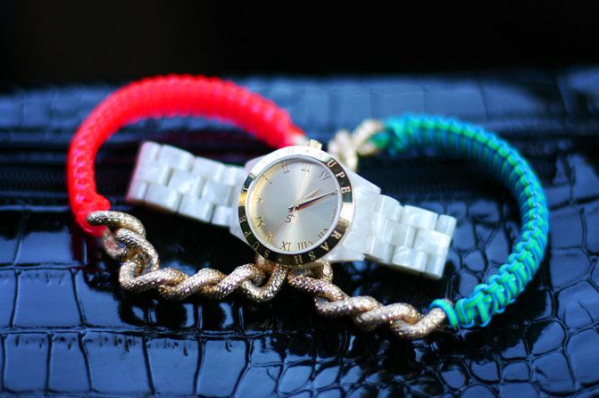 supertrash fashion watch, neon friendship bracelets