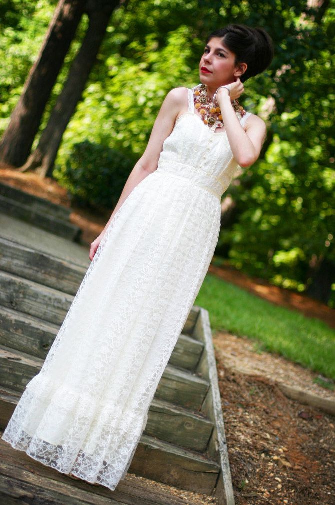 maxi lace dress, alexander wang wedge sandals, statement necklace, audrey hepburn hairstyle