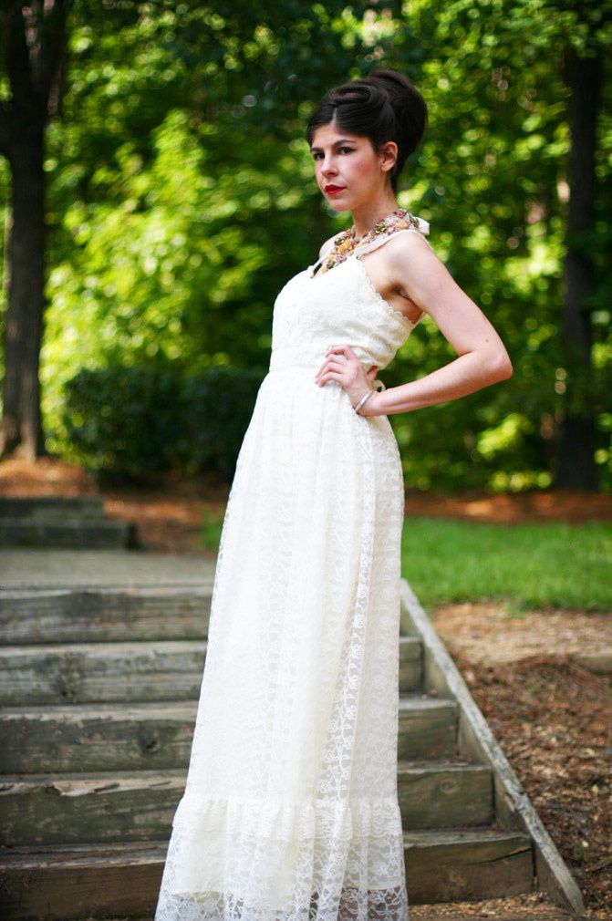 maxi lace dress, alexander wang wedge sandals, statement necklace, audrey hepburn hairstyle