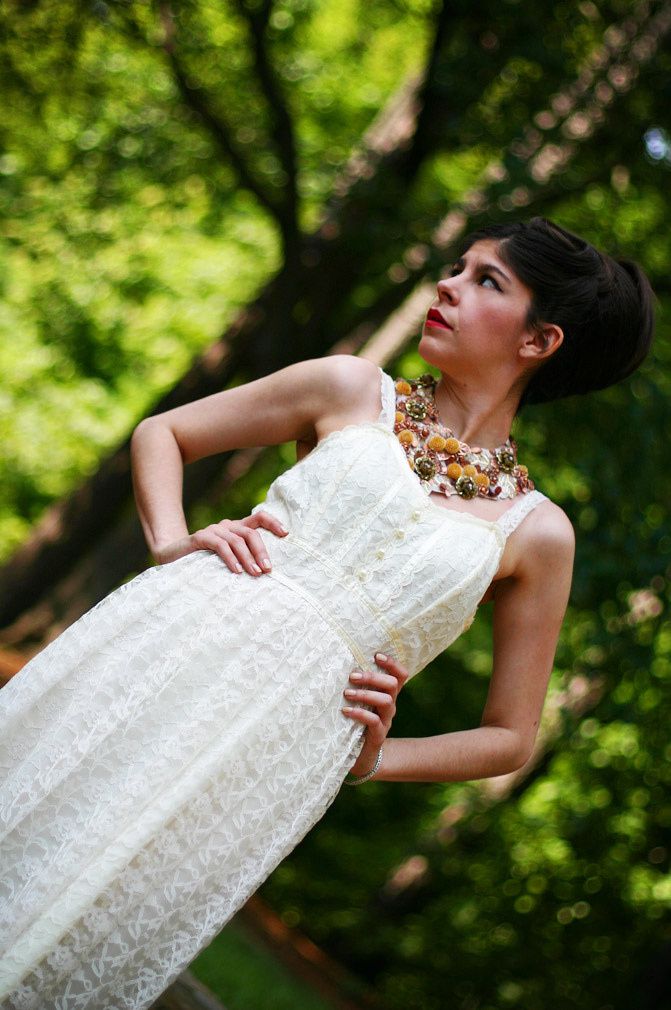 maxi lace dress, alexander wang wedge sandals, statement necklace, audrey hepburn hairstyle
