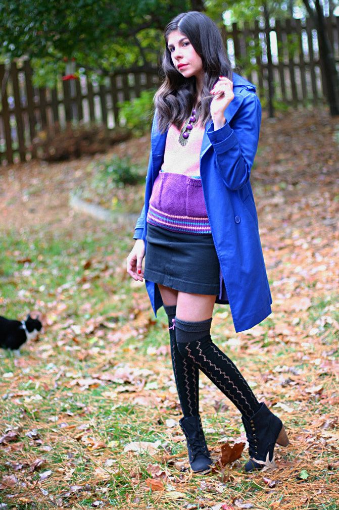 Victoria's Secret Trench coat in blue, Juicy Couture knee socks, Marc by Marc Jacobs sweater, Fashion, Outfit