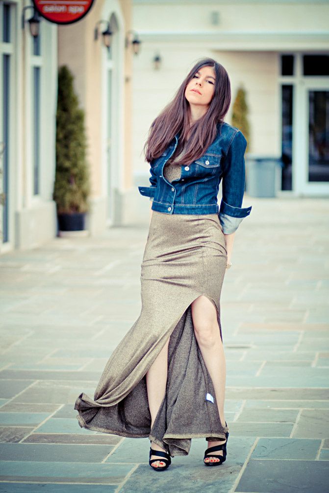 L.A.M.B. by Gwen Stefani, Gold Maxi Dress, Denim Jacket, Fashion Outfit