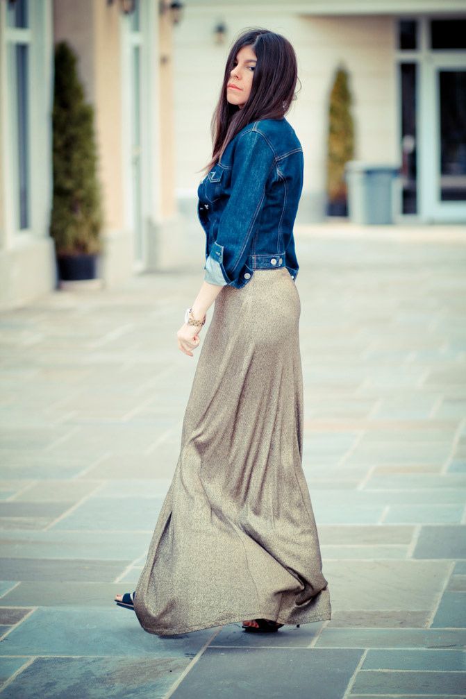 L.A.M.B. by Gwen Stefani, Gold Maxi Dress, Denim Jacket, Fashion Outfit