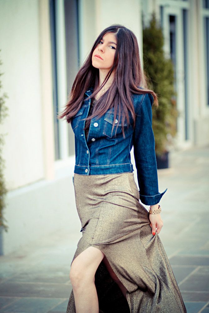 L.A.M.B. by Gwen Stefani, Gold Maxi Dress, Denim Jacket, Fashion Outfit