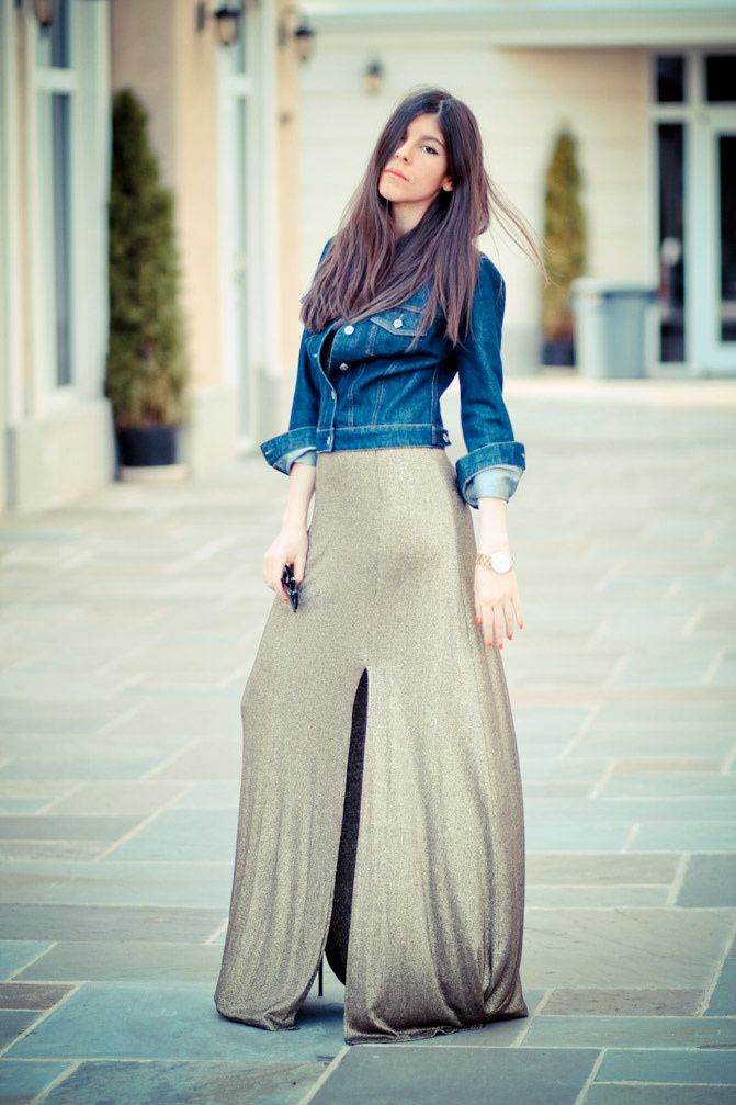 L.A.M.B. by Gwen Stefani, Gold Maxi Dress, Denim Jacket, Fashion Outfit