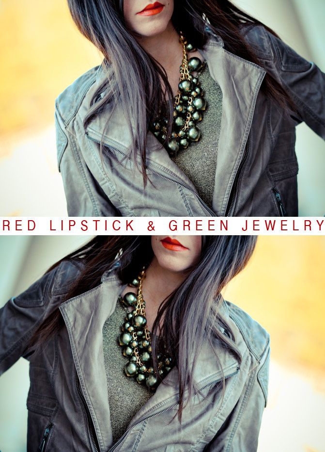 Leather Jacket, Green Statement Necklace, Fashion Outfit, Cover Girl Red Lipstick
