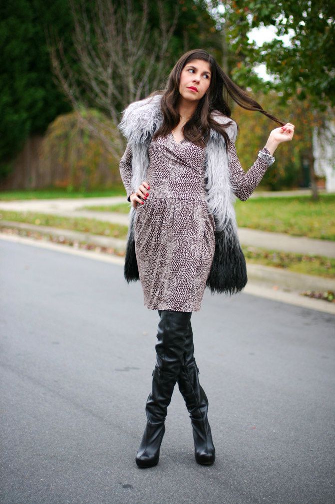 Topshop over the knee boots, dvf wrap dress, la mer collection watch, victoria's secret ombre faux fur vest, fashion