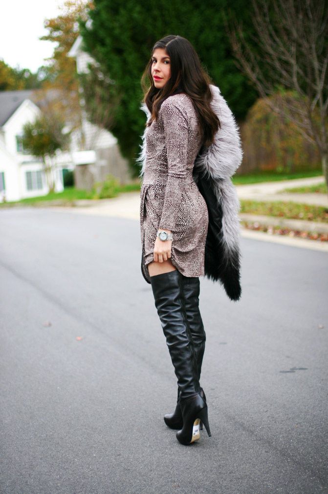 Topshop over the knee boots, dvf wrap dress, la mer collection watch, victoria's secret ombre faux fur vest, fashion