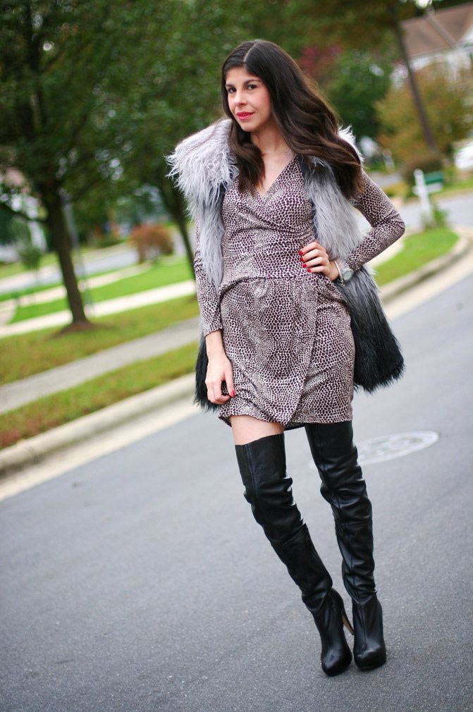 Topshop over the knee boots, dvf wrap dress, la mer collection watch, victoria's secret ombre faux fur vest, fashion