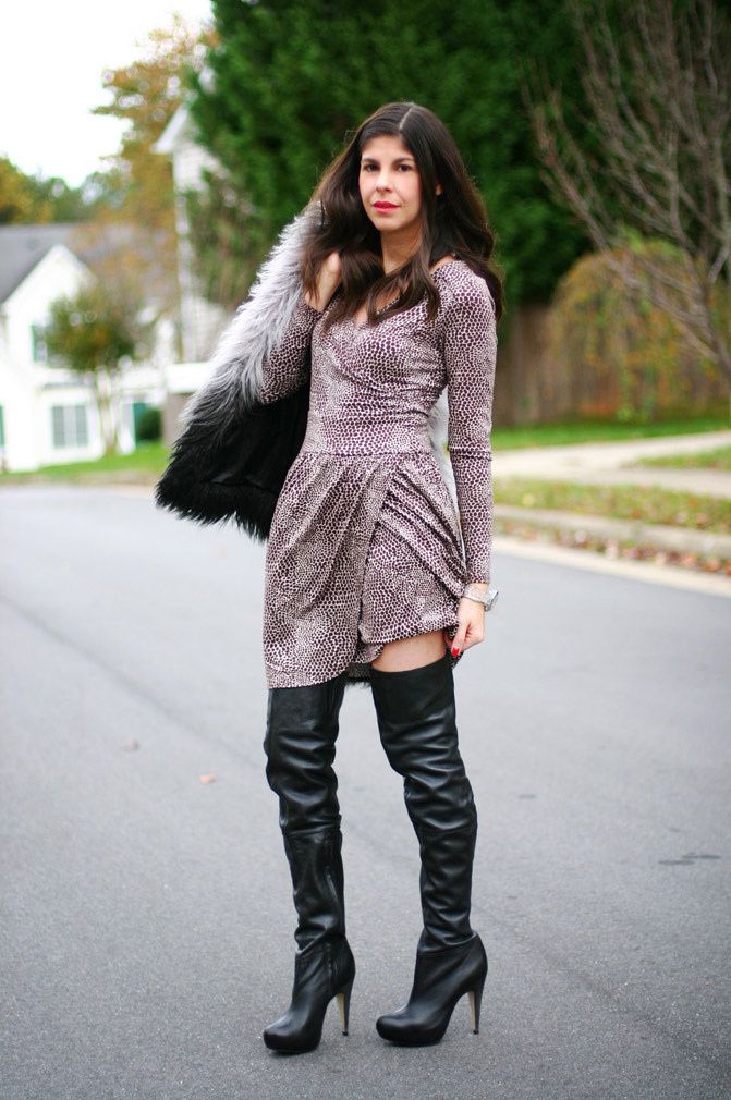 Topshop over the knee boots, dvf wrap dress, la mer collection watch, victoria's secret ombre faux fur vest, fashion