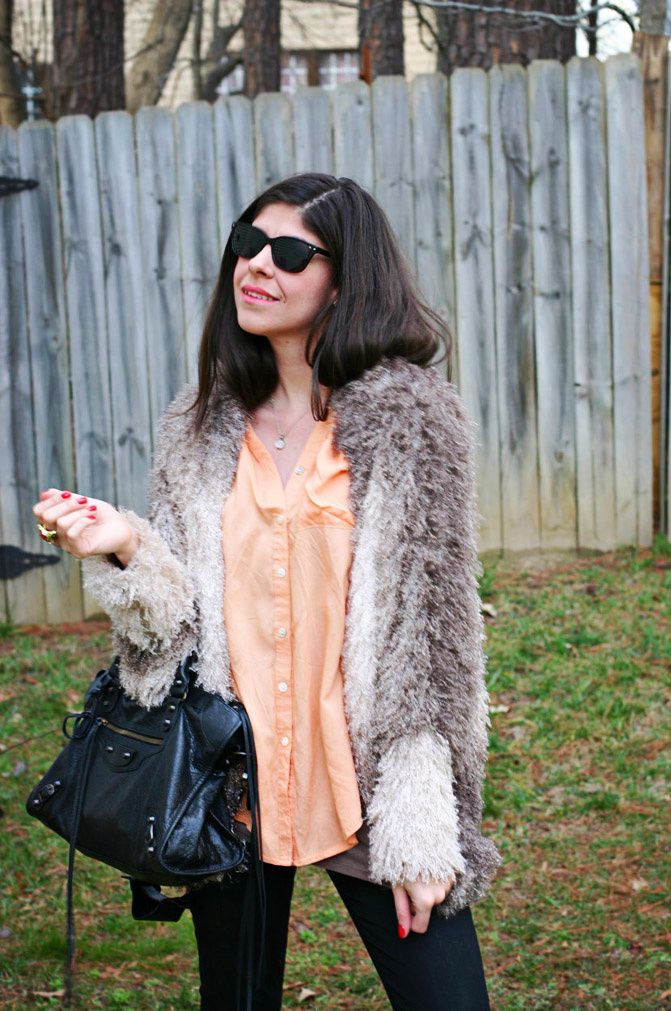 Shaggy Rachel Zoe Coat, Riding Boots, Balenciaga classic city bag in noir