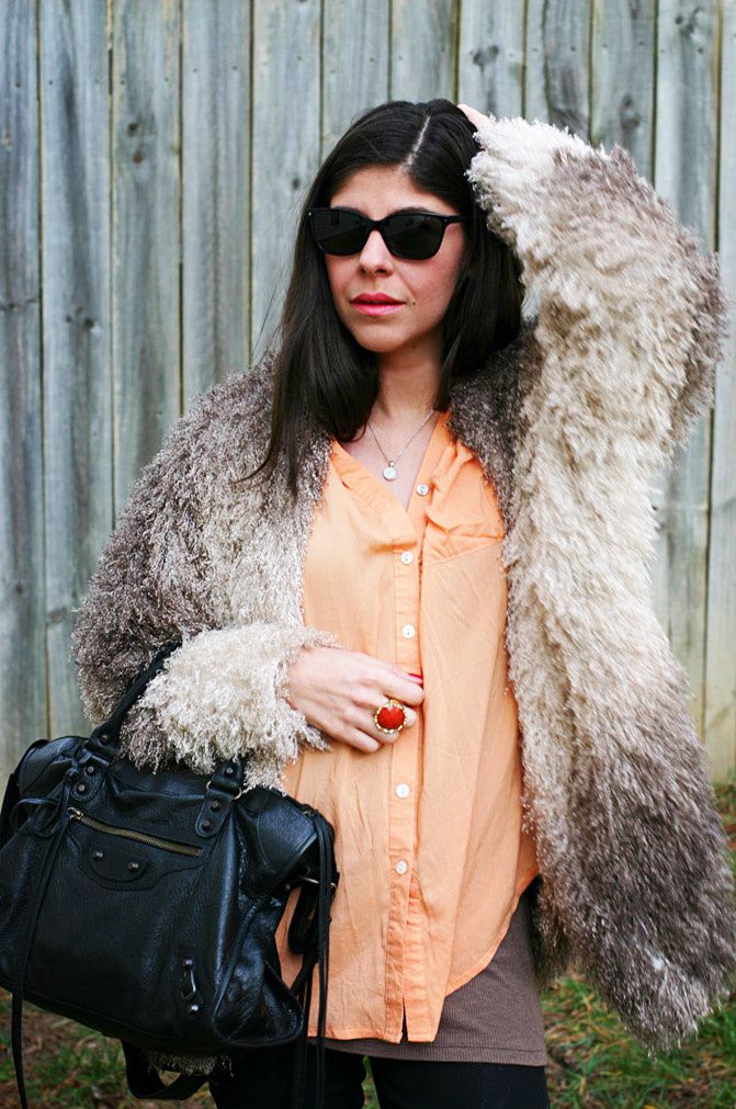 Shaggy Rachel Zoe Coat, Riding Boots, Balenciaga classic city bag in noir