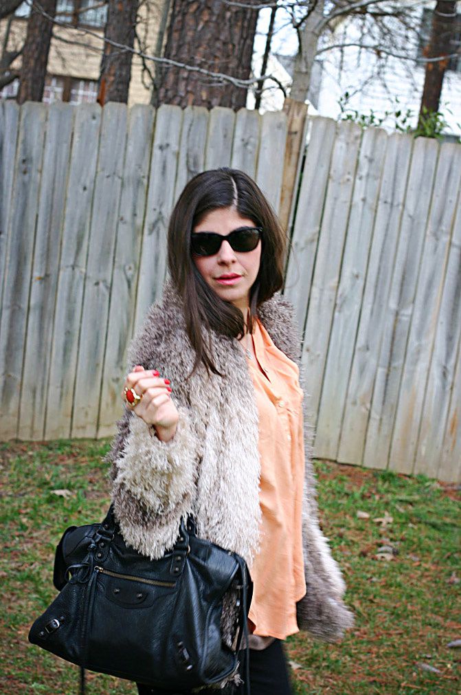 Shaggy Rachel Zoe Coat, Riding Boots, Balenciaga classic city bag in noir