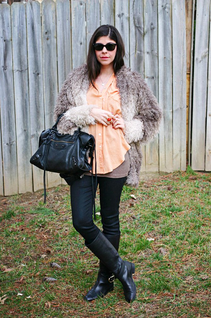 Shaggy Rachel Zoe Coat, Riding Boots, Balenciaga classic city bag in noir
