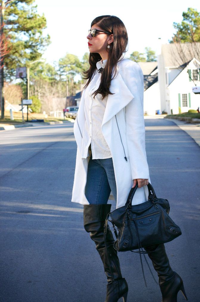 white coat, topshop over the knee boots, balenciaga classic city moto bag, fashion, outfit, red lipstick