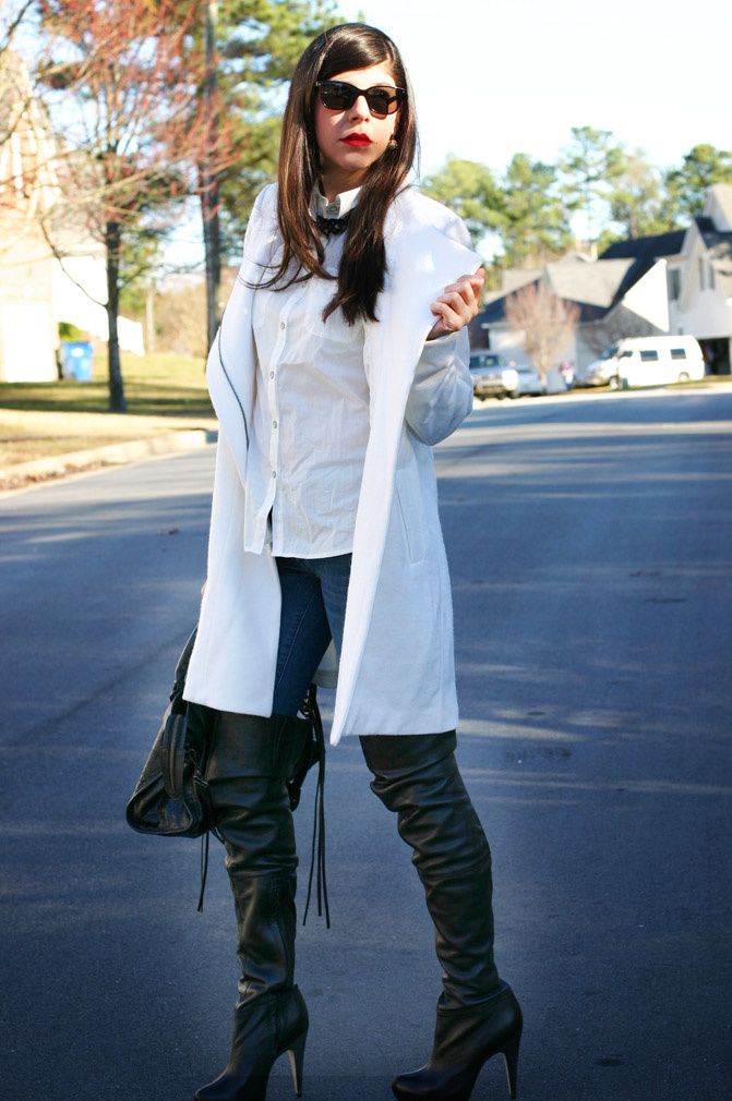 white coat, topshop over the knee boots, balenciaga classic city moto bag, fashion, outfit, red lipstick