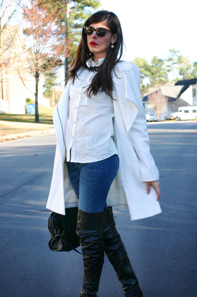 white coat, topshop over the knee boots, balenciaga classic city moto bag, fashion, outfit, red lipstick