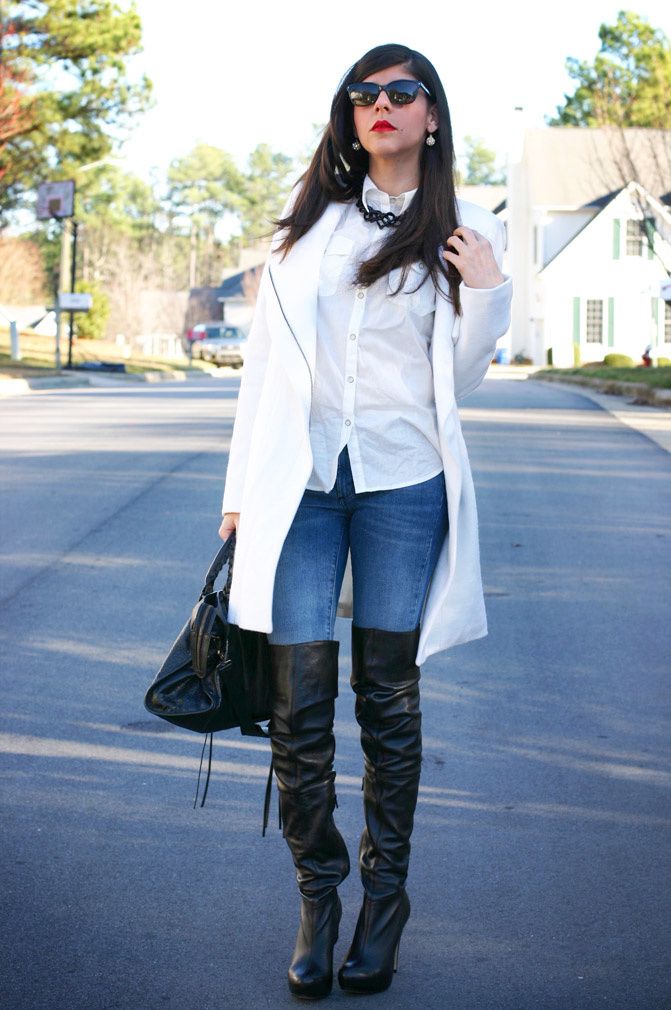white coat, topshop over the knee boots, balenciaga classic city moto bag, fashion, outfit, red lipstick
