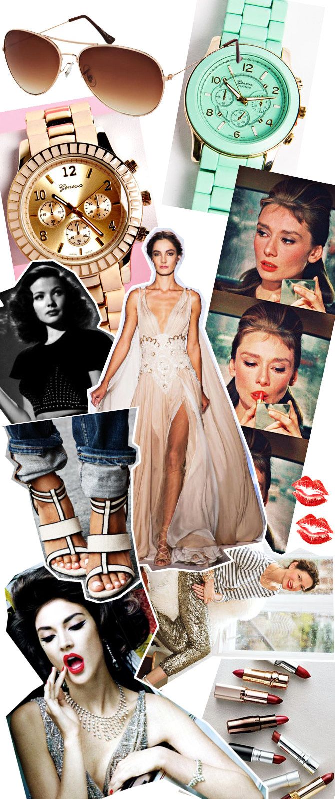 fashion collage, audrey hepburn, red lipstick, style, couture