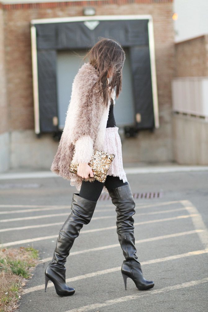 topshop over the knee boots, nasty gal fur, nars lipstick, ray-ban wayfarer sunglasses, zara clutch