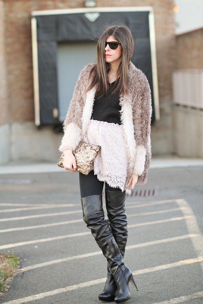 topshop over the knee boots, nasty gal fur, nars lipstick, ray-ban wayfarer sunglasses, zara clutch
