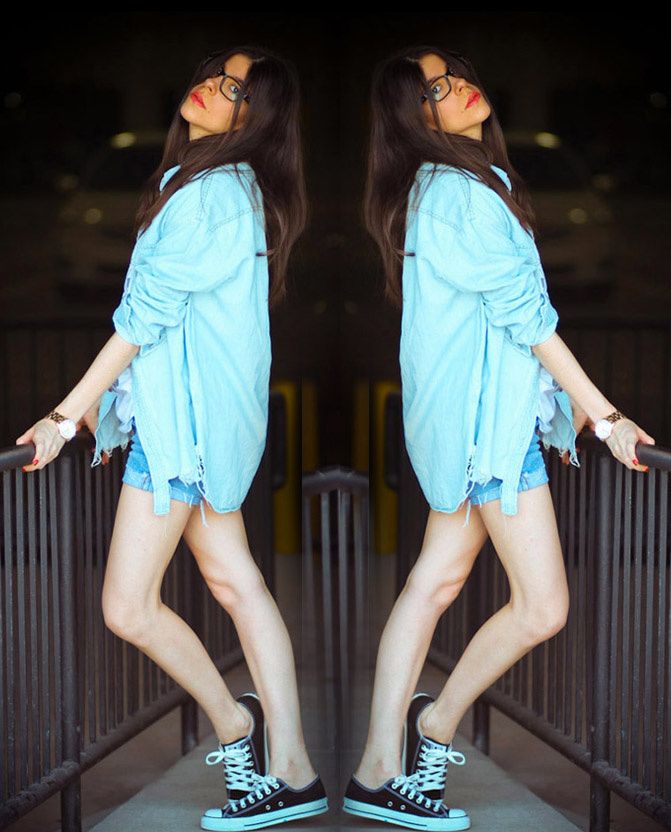 lo top converse, chambray denim mink pink, denim on denim, fashion outfit, purple glasses
