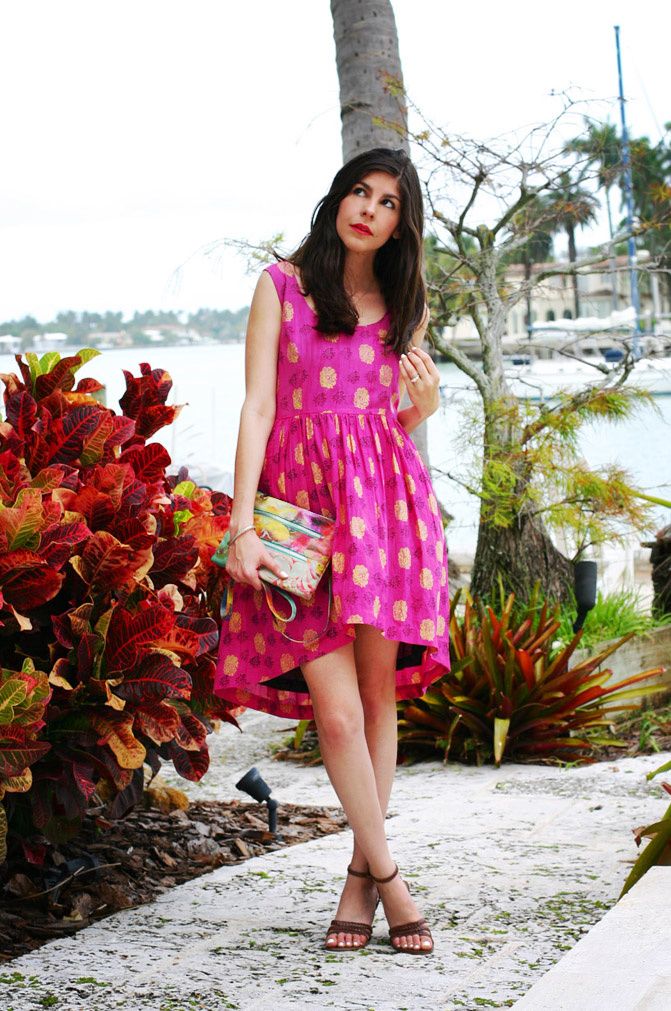 pink peacock print dress, fashion, miami beach, dilido island, wedges, yorkshire terrier puppy, symbology