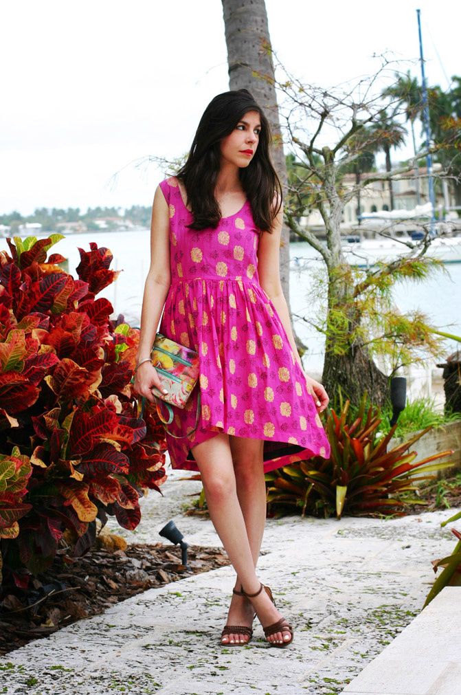 pink peacock print dress, fashion, miami beach, dilido island, wedges, yorkshire terrier puppy, symbology