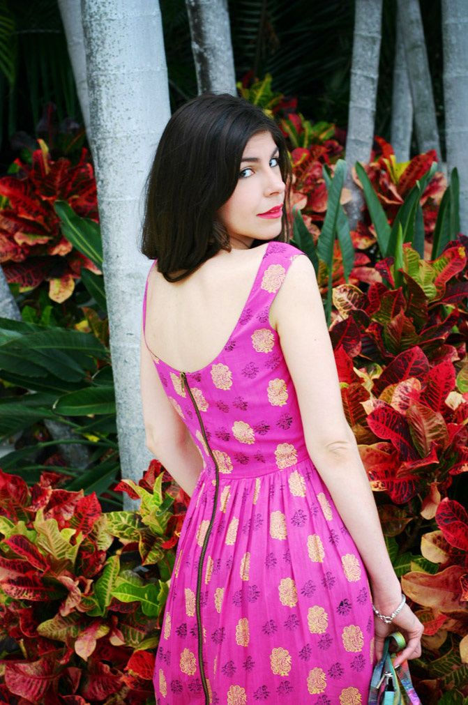 pink peacock print dress, fashion, miami beach, dilido island, wedges, yorkshire terrier puppy, symbology