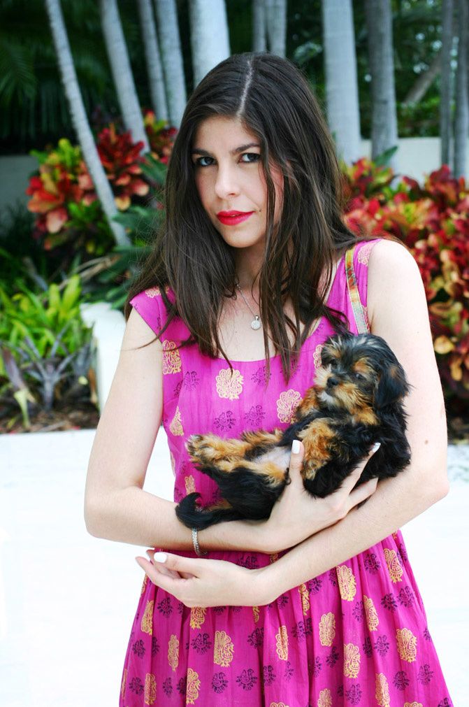 pink peacock print dress, fashion, miami beach, dilido island, wedges, yorkshire terrier puppy, symbology