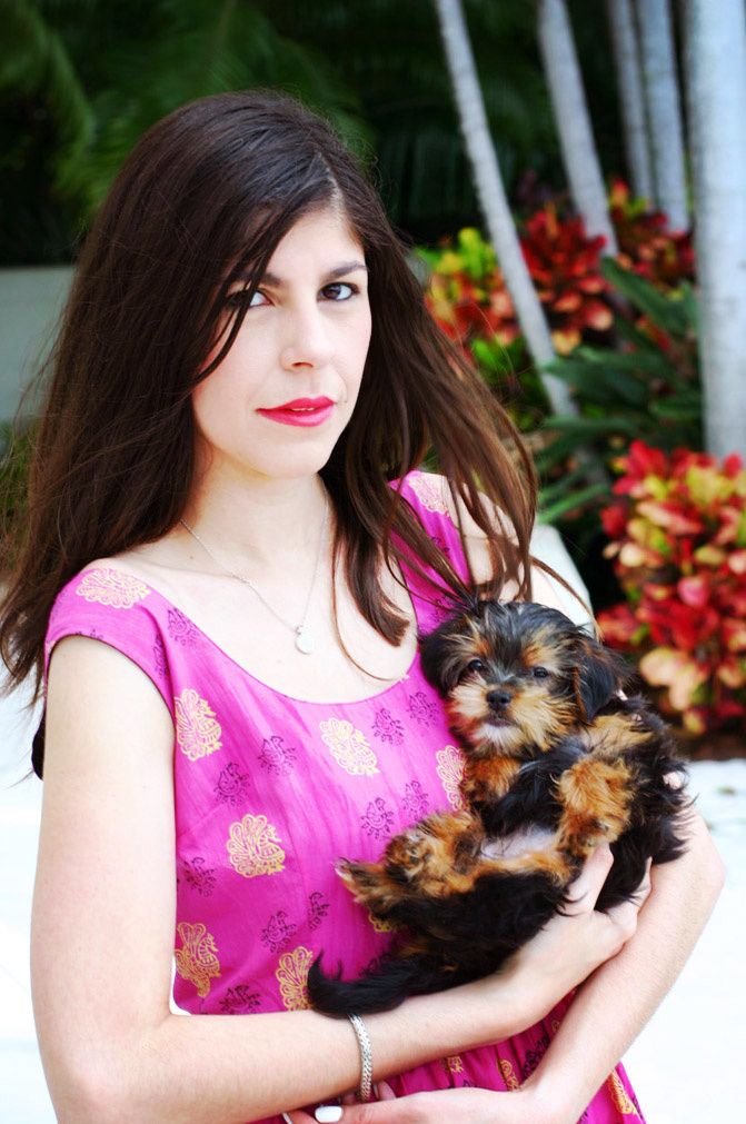 pink peacock print dress, fashion, miami beach, dilido island, wedges, yorkshire terrier puppy, symbology