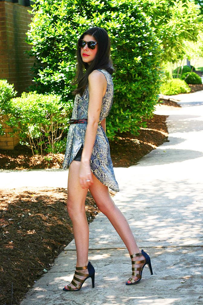 shirt dress, snakeskin print blouse, fashion, sole society, karen walker perfect day sunglasses