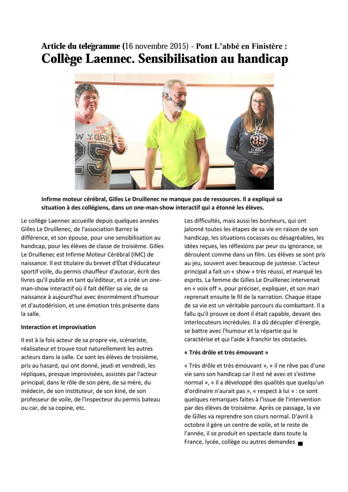 Sensibilisation handicap: Un grand merci au Télégramme!