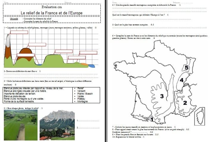 Evaluation CM géographie le relief de la France et de l'Europe - La Classe  de Myli Breizh