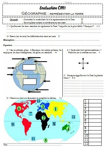 évaluation géographie cm1 cm2 représenter la terre - La Classe de Myli  Breizh