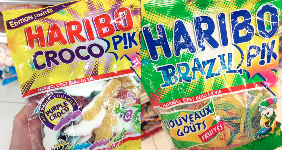 Quelques exemples de "nuoveautés" récentes de la marque Haribo : HARIBO CROCOS avec 2 nouvelles couleurs (bleu et orange) / HARIBO OEUFS AU PLAT "Nouveau décor, recette inchangée" / HARIBO CROCO PIK "Nouvelle couleur" (purple) / HARIBO BRAZIL PIK "Nouveaux goûts fruités" 