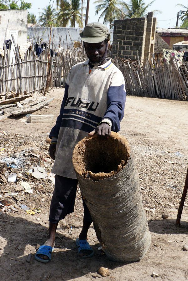 Mamadou Ndiaye (dit Pape), qui nous montre les ruches traditionnelles faites en tronc de rônier.