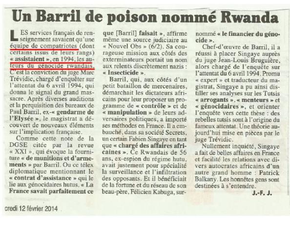 Complicité française dans le génocide au Rwanda : &quot;un Barril de poison nommé Rwanda&quot; (Canard Enchaîné)